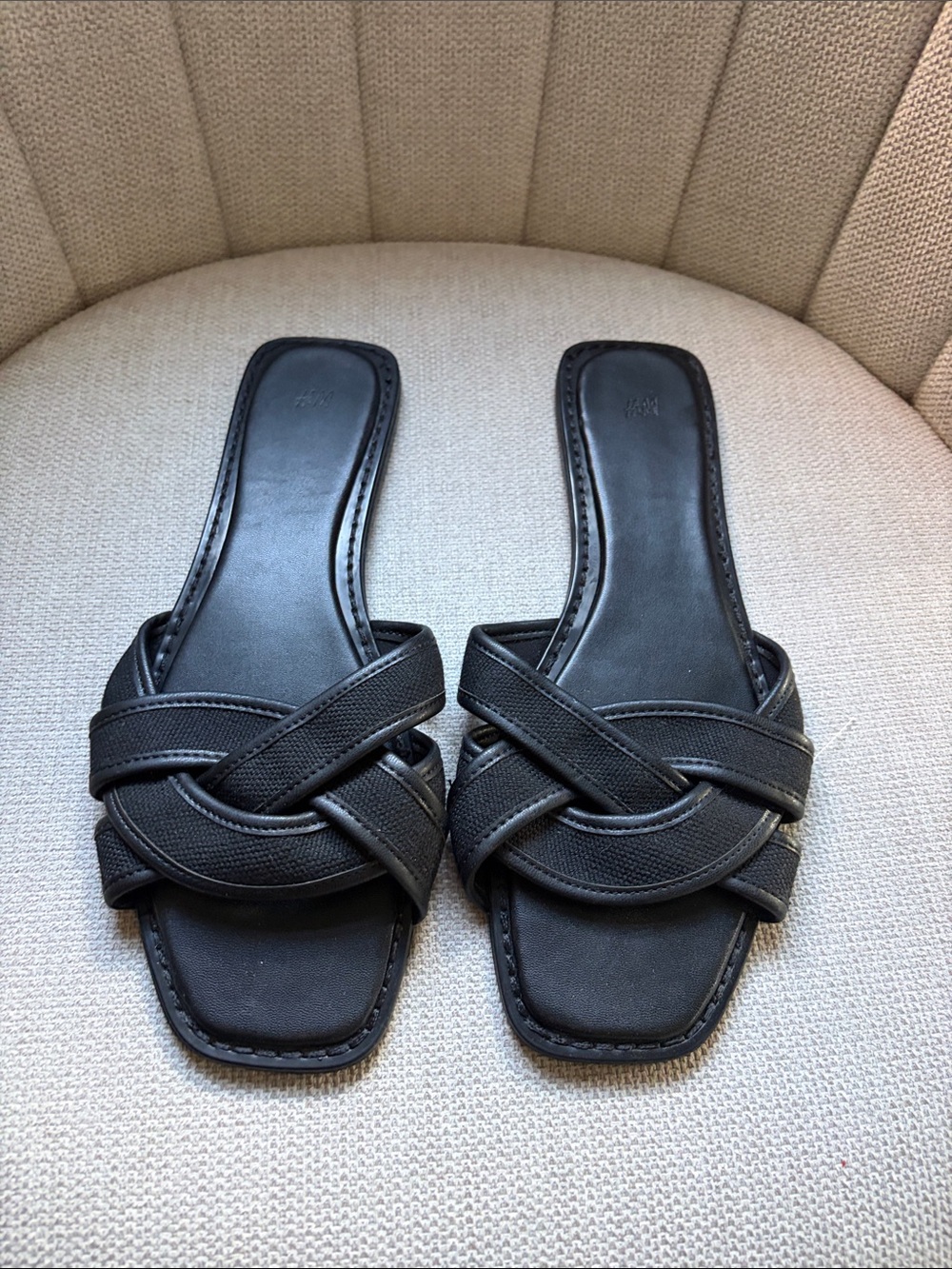 H&M Black Braided Square-Toe Slide Sandals